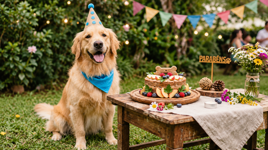 Cachorro feliz diante de bolo de aniversário saudável feito especialmente para cães