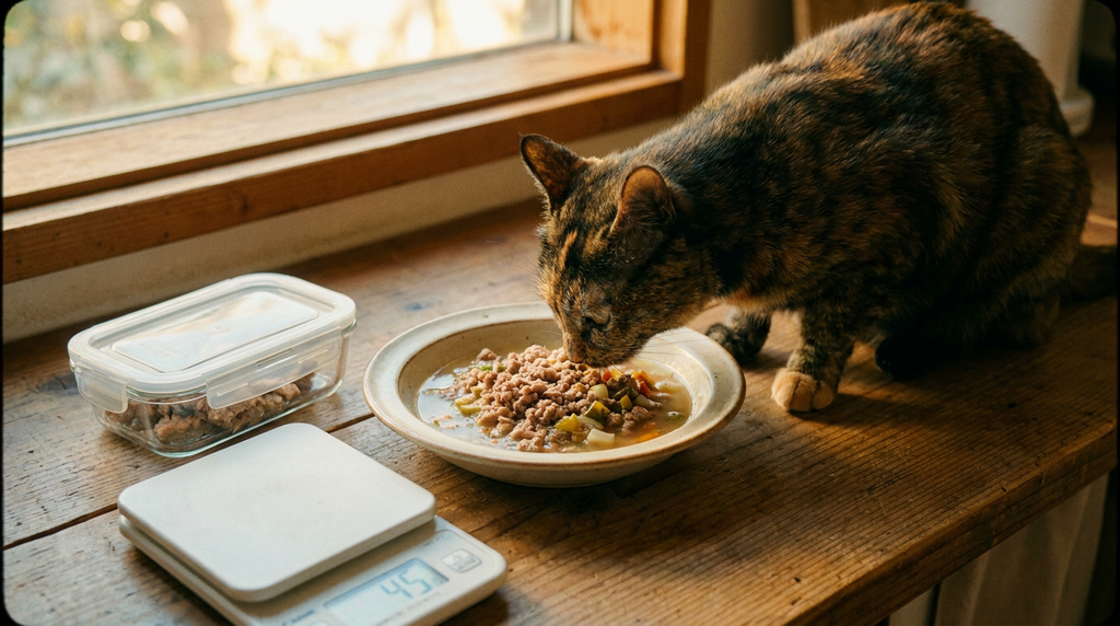 Gato recebendo porção calculada de comida natural em tigela