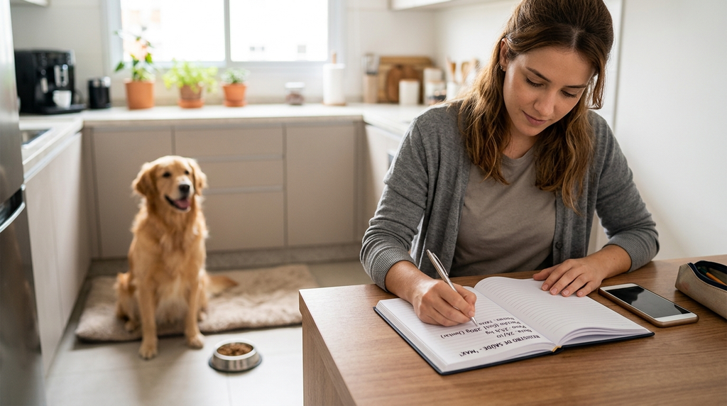 Tutor anotando peso e quantidade de comida natural do pet