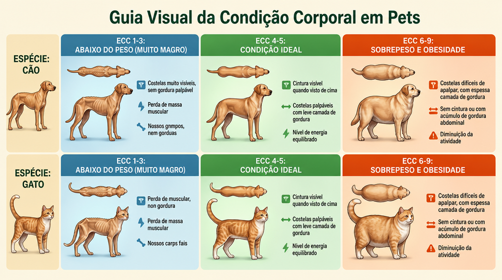 Condição corporal ideal, magreza e sobrepeso em cães e gatos