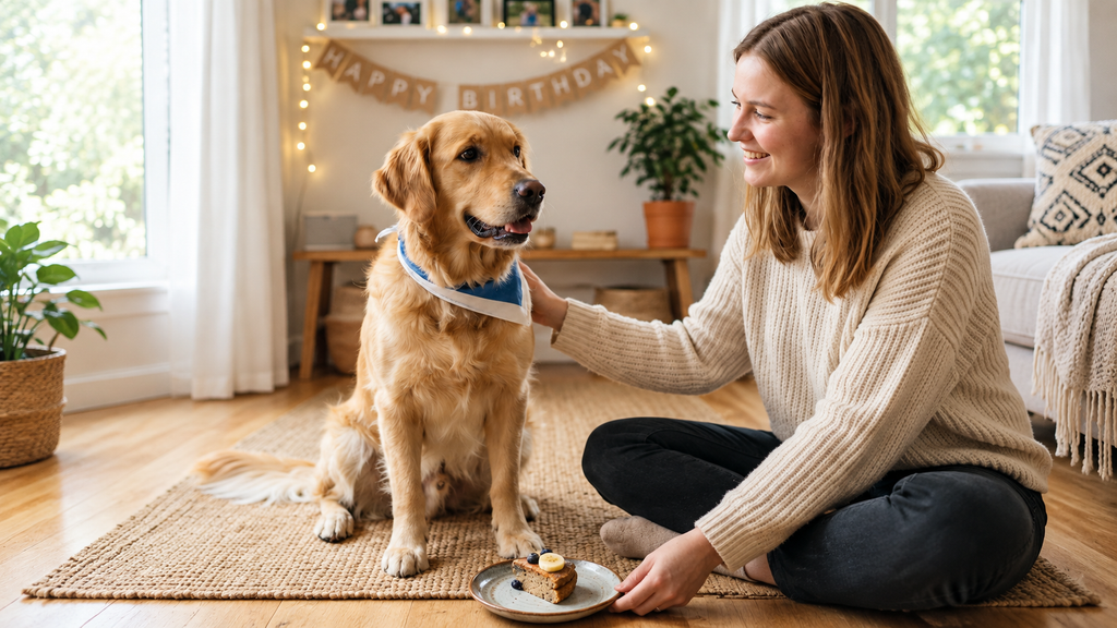 Cachorro recebendo pequena porção de bolo de aniversário saudável em comemoração caseira