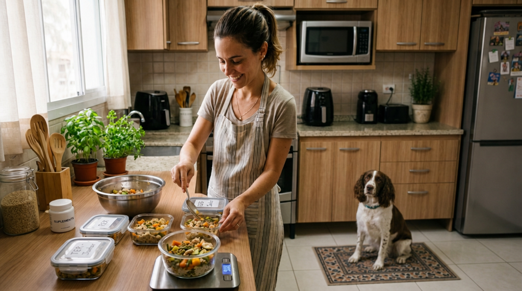 Tutor pesando e separando porções de comida natural para cachorro com sobrepeso.