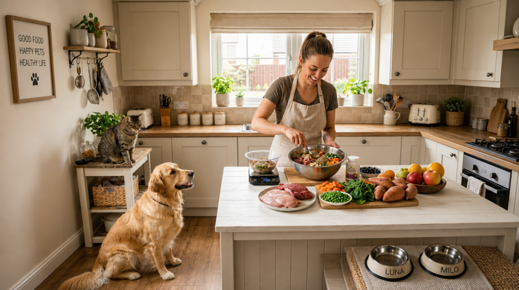 Tutor preparando alimentação natural balanceada para cão e gato com controle de porções.