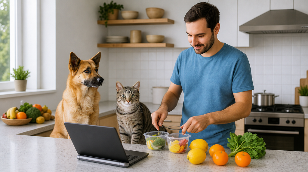 Tutor pesando e organizando porções de alimentação natural para cachorro em processo de emagrecimento.