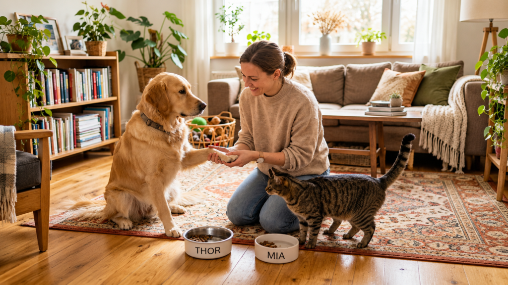 Tutor observando sinais de alergia alimentar em cão e gato ao lado de potes de comida