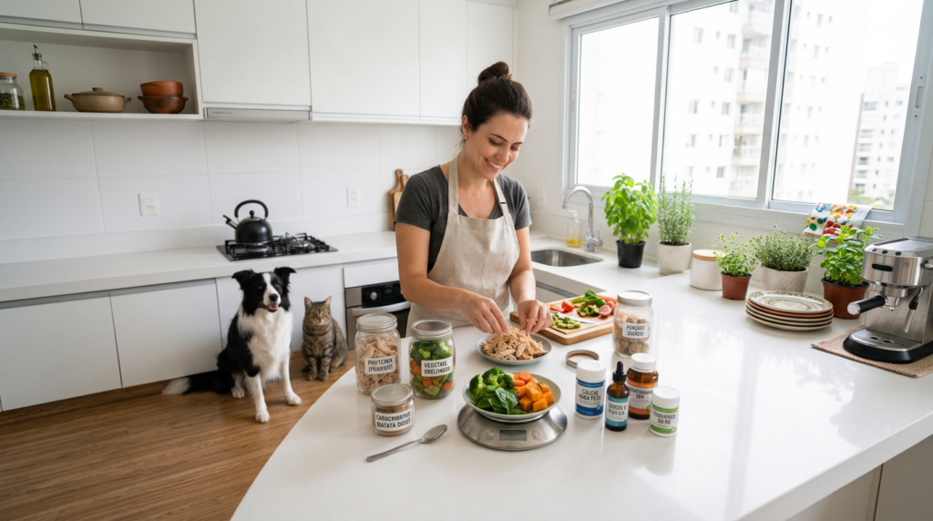 Tutor preparando alimentação natural balanceada com suplementos para cão e gato