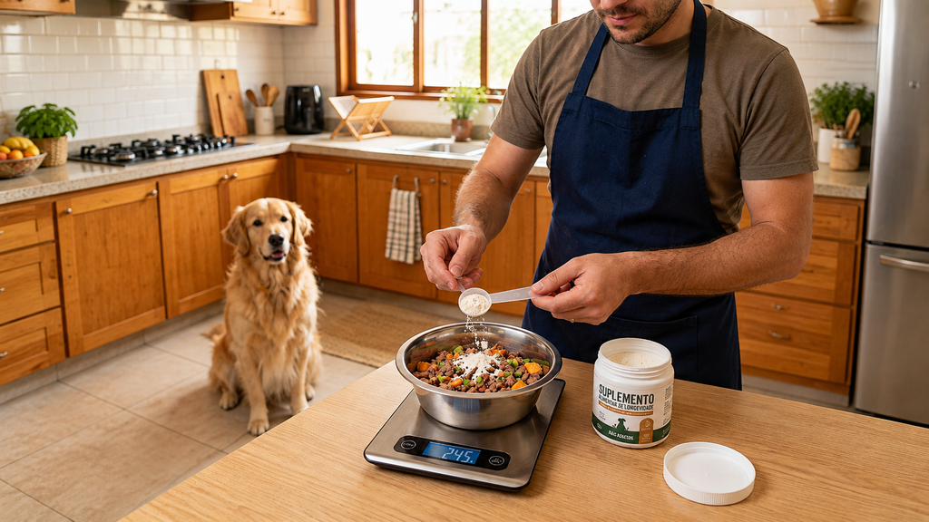 Tutor adicionando suplemento vitamínico-mineral à porção pesada de alimentação natural para cão