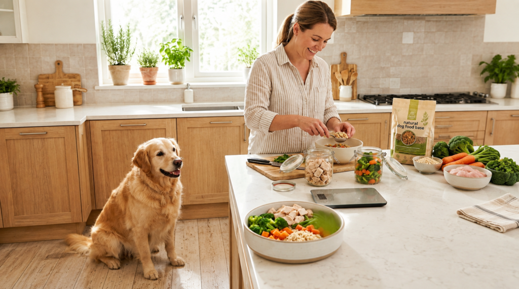 Cachorro com sobrepeso aguardando porção de comida natural com proteína magra e vegetais