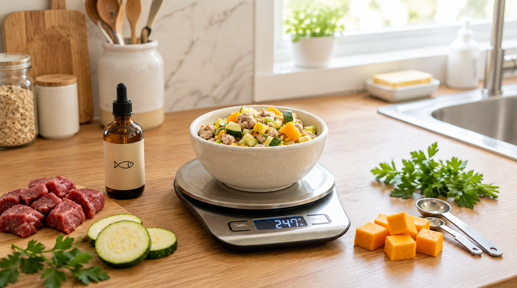 Porção de comida natural para cachorro com sobrepeso ao lado de suplemento de ômega 3 e balança digital